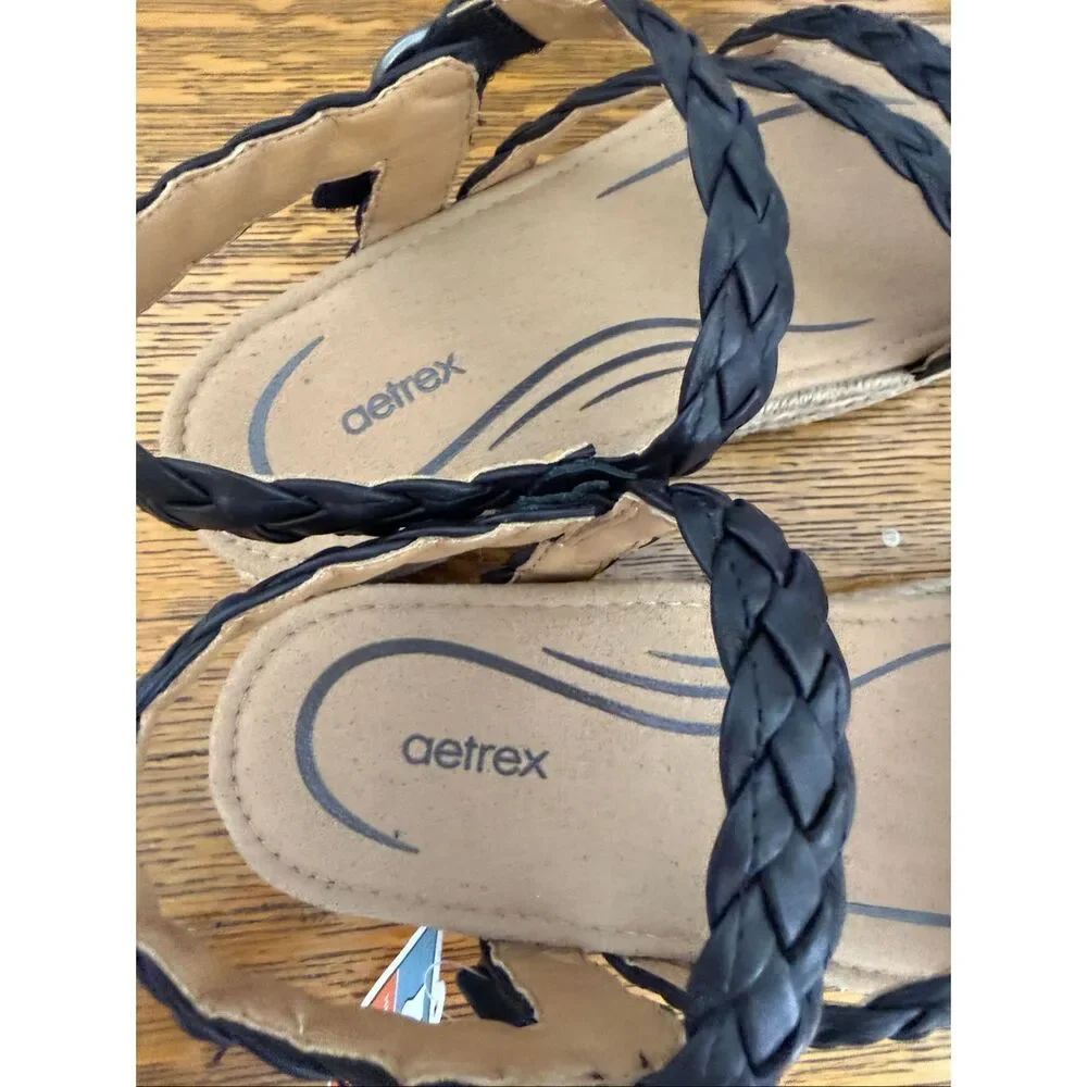 NEW Aetrex Julia Platform Sandal in Black Braided Leather NIB Arch Support, Boho